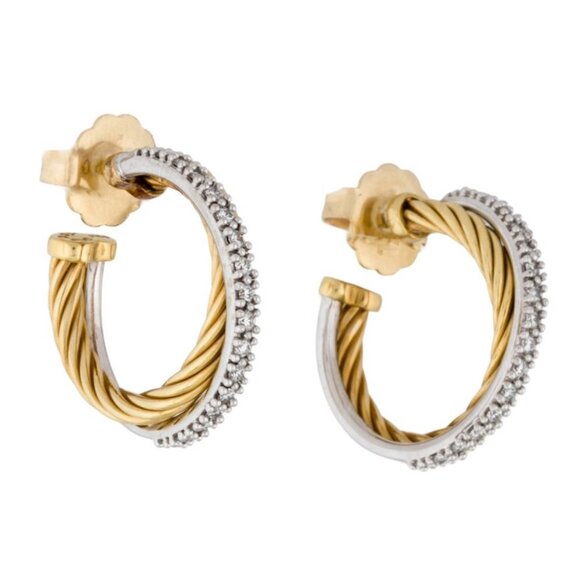 DAVID YURMAN 18K YELLOW GOLD & WHITE GOLD DIAMOND 0.51 CROSSOVER HOOP EARRINGS - Picture 1 of 7